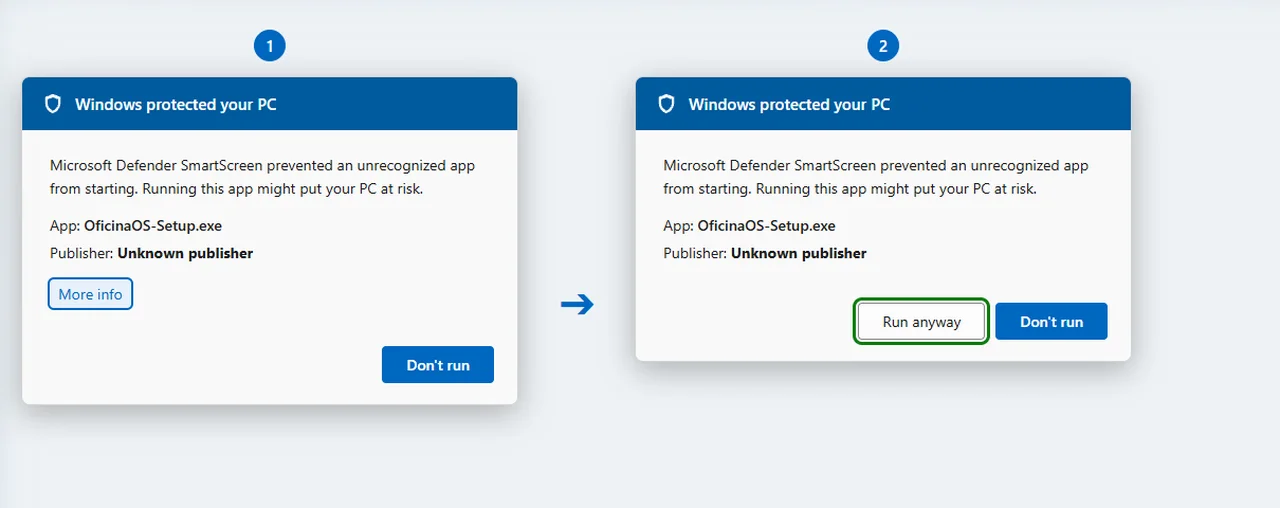 Windows SmartScreen warning — «More info» then «Run anyway»
