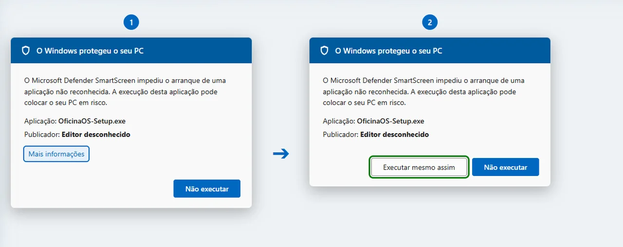 Aviso SmartScreen do Windows — «Mais informações» e depois «Executar mesmo assim»