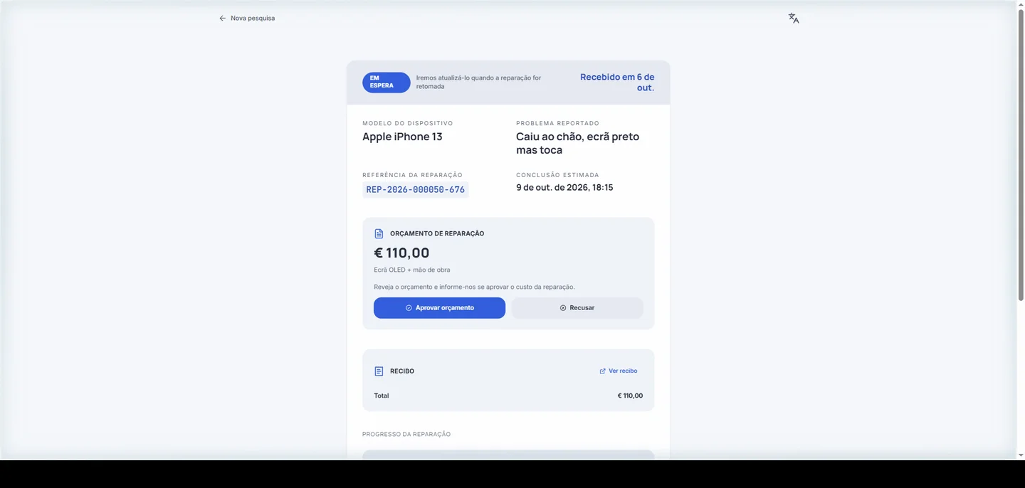 Página de acompanhamento que o cliente vê no telemóvel
